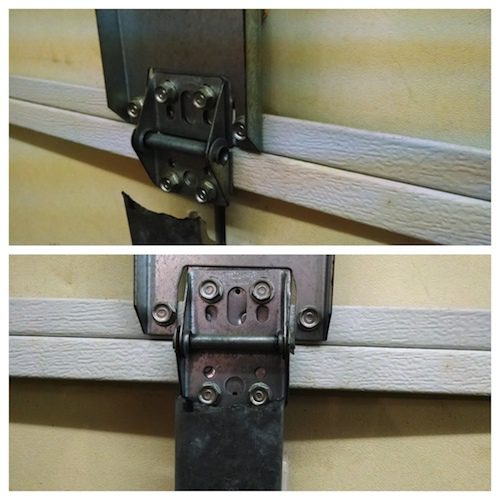 Garage door metal panel hinge